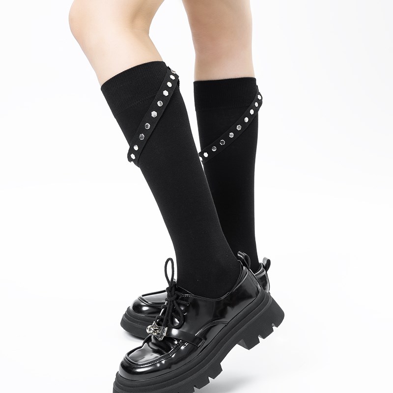 jk小腿款女辣妹飒酷女孩黑色及膝潮流纯棉个性暗黑系工装高筒袜子