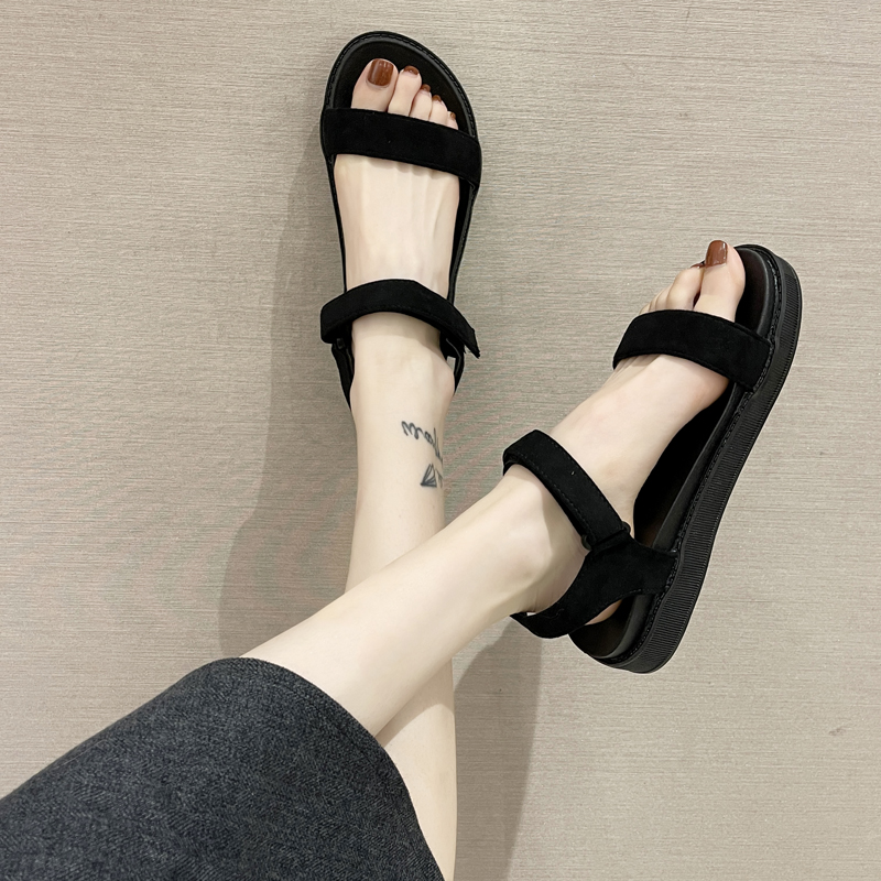 黑色凉鞋女仙女风平底鞋2023新款夏季软底厚底沙滩运动一字带凉鞋
