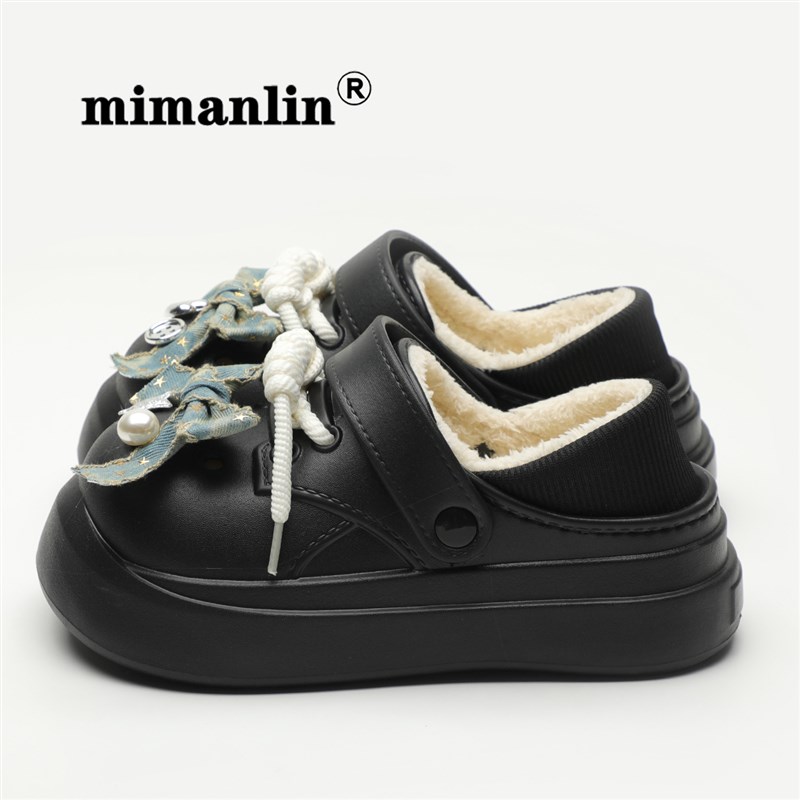 蝴蝶结黑色加绒洞洞鞋女2024新款秋冬防水防滑包跟棉拖鞋外穿棉鞋