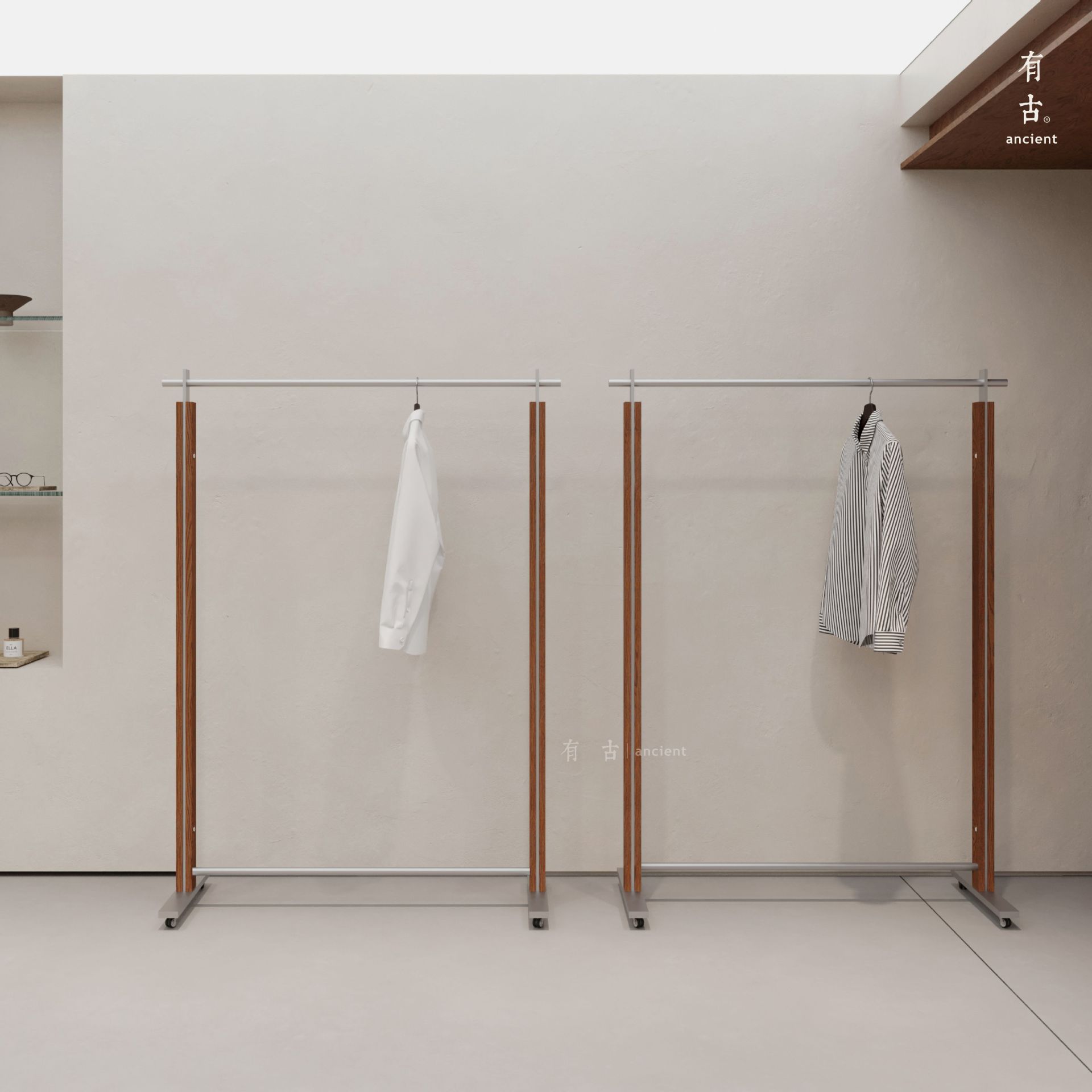 买手店带轮中岛货架侧挂架服装店展示架陈列架落地式不锈钢挂衣架