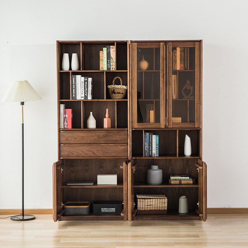 北美黑胡桃木落地书柜办公柜现代简约实木玻璃组合书架书房