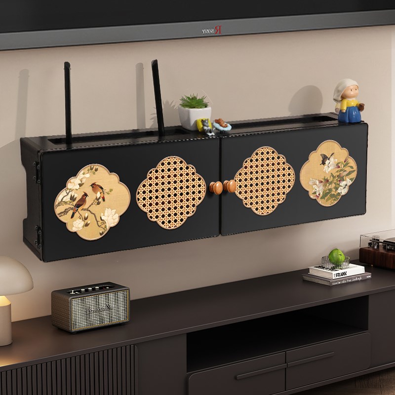 wifi路由器收纳盒新中式免打孔机顶盒放置架壁挂式排插线遮挡神器