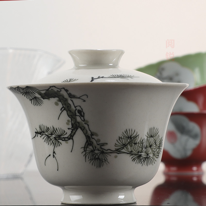 草木灰手绘墨不老松精品手工二才盖碗 家用茶具泡茶碗 高档大盖碗