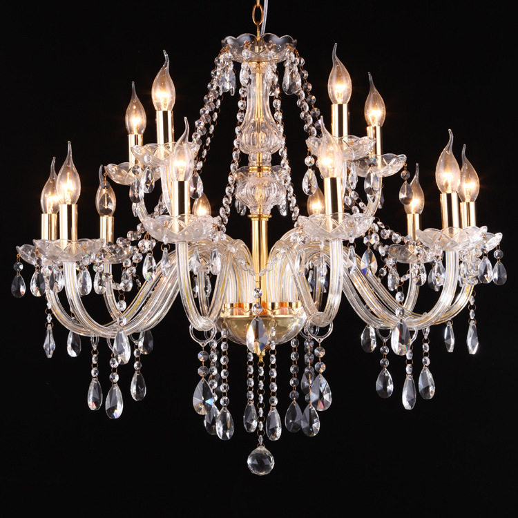 厂家批发10+5双层金色透明15头水晶吊灯蜡烛灯矮2层适合客厅餐厅
