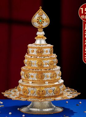 尼泊尔供具曼扎盘铜鎏金鎏银手工曼扎藏式供曼茶罗大号曼茶盘15cm