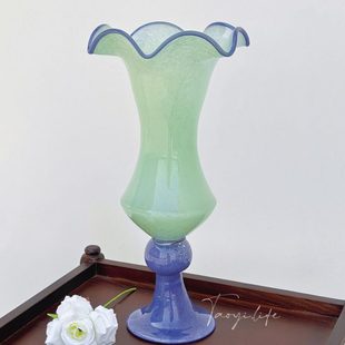 中古法式拼色纯手工琉璃花瓶复古大号风灯水养插花器家居摆件装饰