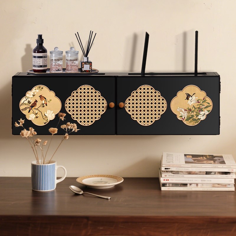 wifi路由器收纳盒新中式免打孔机顶盒放置架壁挂式排插线遮挡神器