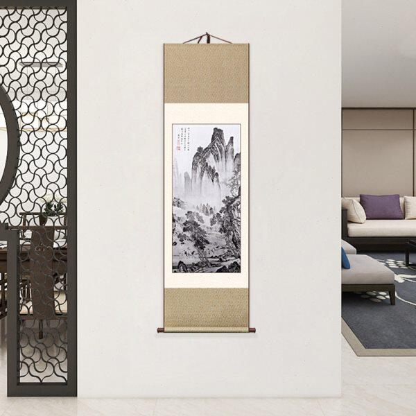 新中式挂画卷轴画松林扬鞭图中国丝绸梭织工艺画出国礼品送老外