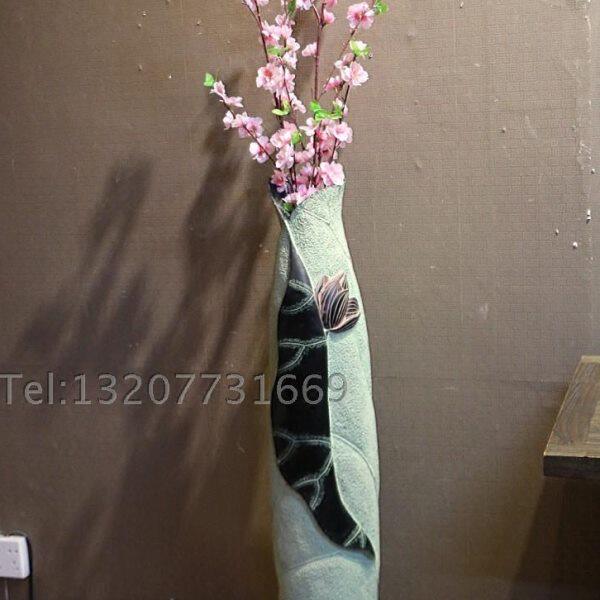 中式荷叶花瓶落地花插仿古家居装饰品工艺品开业礼品 亭亭玉立