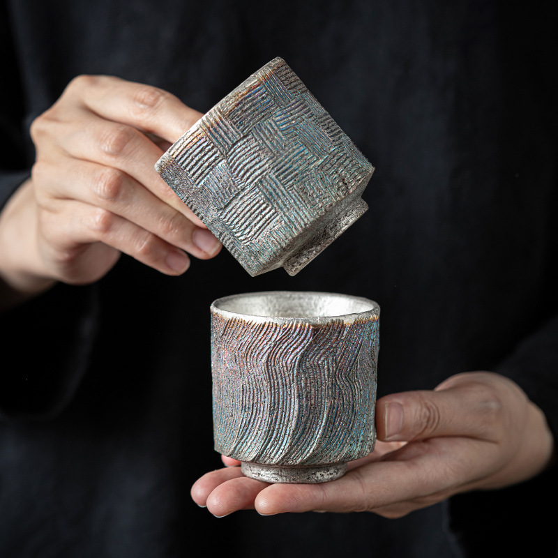 手工粗陶鎏银主人杯大号家用复古茶杯高档个人专用品茗杯喝茶杯