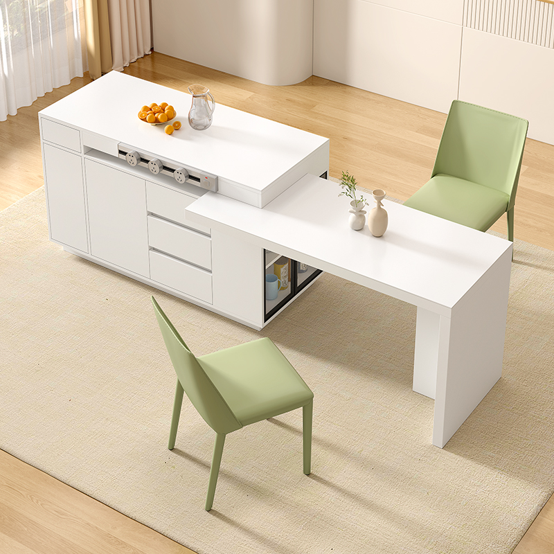 奶油风旋转岛台餐桌一体家用小户型岩板岛台柜多功能吧台桌子倒台