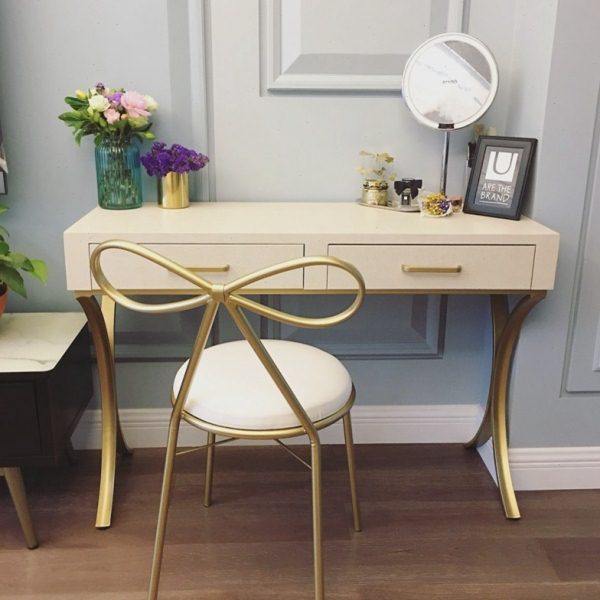 北欧现代简约创意小书桌金色铁艺实木白色烤漆卧室梳妆台化妆桌