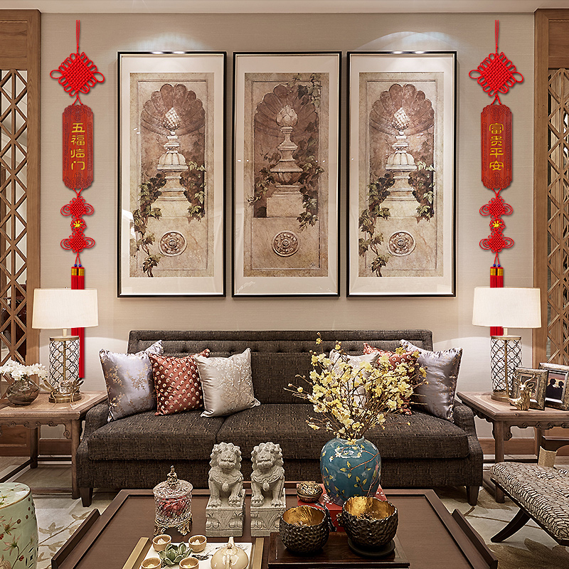 2023新款桃木中国结挂饰客厅高档大号乔迁玄关装饰电W视墙新年挂
