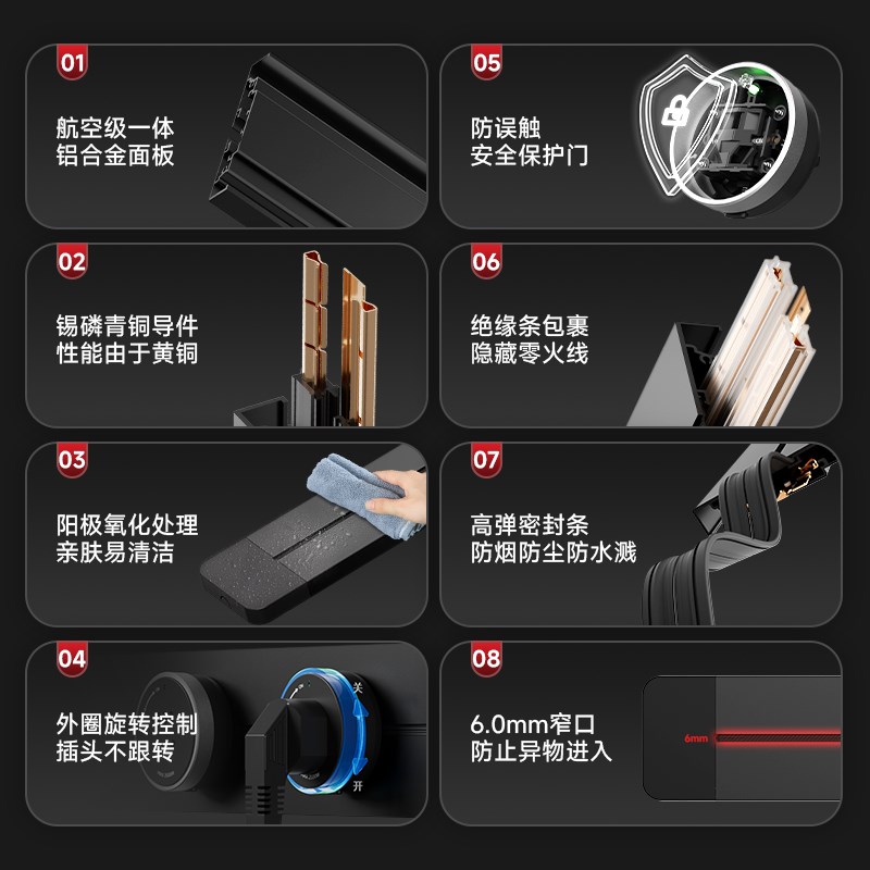 上海人民智能轨道插座带插头线超薄免接J线滑轨排插座明装免打孔