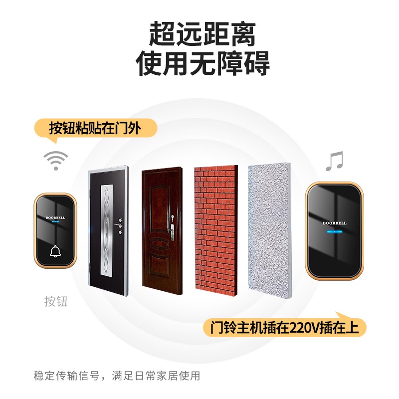 家用无线超远距离自发电电子遥控门玲H免插电入户叮咚门铃老人呼