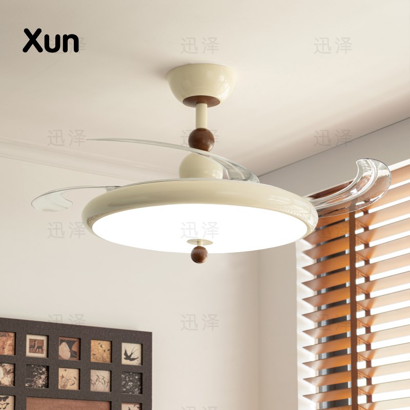 奶油风风扇灯餐厅吊灯法式中古电扇灯隐形无叶吊T扇灯卧室灯吸顶