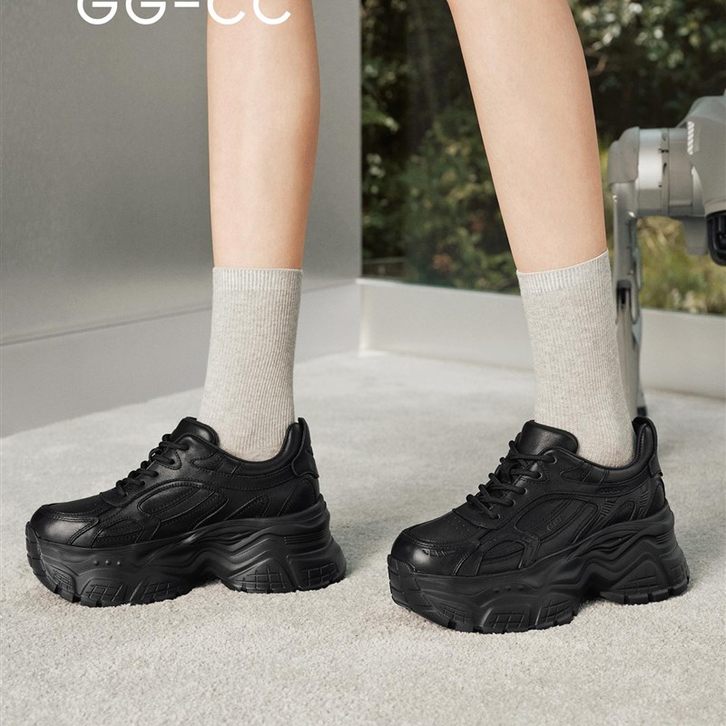 Ggcc底厚底增高真皮女式老爸鞋2025秋季新款Q黑色经典运动休闲鞋