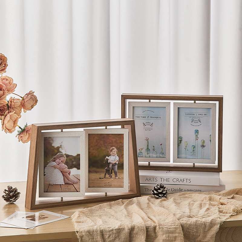 创意欧式6寸木j质双面旋转相框摆台高级感连体相架多张组合照片框