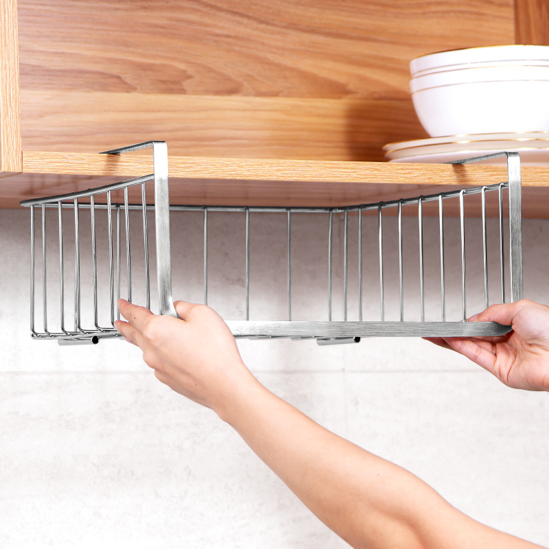 厨房下挂篮架子免打孔橱柜收纳挂架304不锈钢置物架吊柜衣柜分层