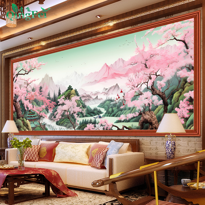 青飞精准印布暮云春树十字绣复古轻奢中式线绣客厅山水画风景画