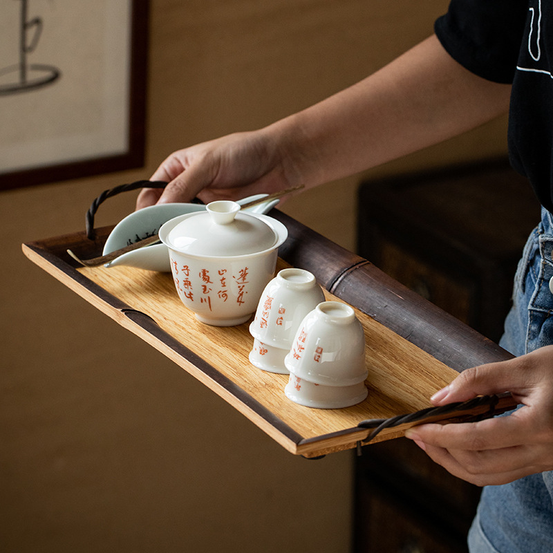 竹子托盘长方形家用放茶杯 双耳提手茶盘托盘收纳盘果盘复古日式
