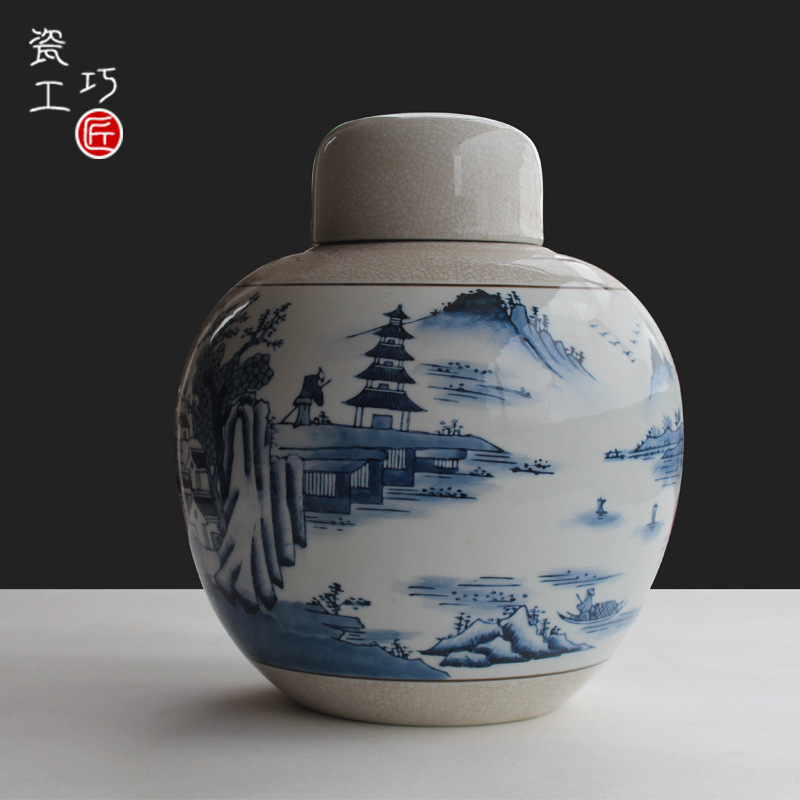 陶瓷器仿古中式圆罐花瓶客厅玄关电视柜复古青花瓷瓶大摆件手工