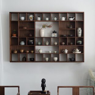 黑胡桃木博古架墙面置物架老榆木茶室收纳方格架多宝格瓷器搁架