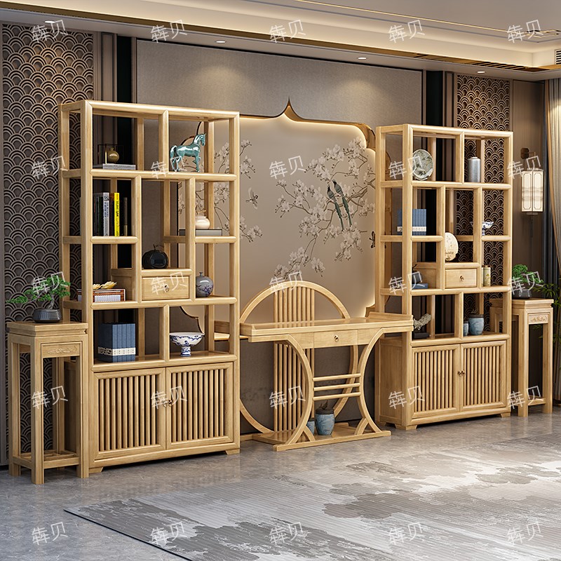 原木色博古架实木新中式书v架多宝阁办公室隔断置物架茶叶展示柜