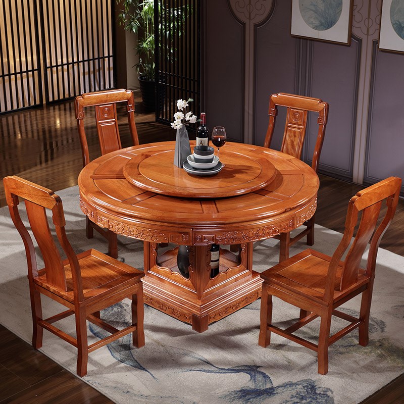 全实木餐桌中式红木圆形带转盘x10人家用饭桌花梨木古典餐桌椅组