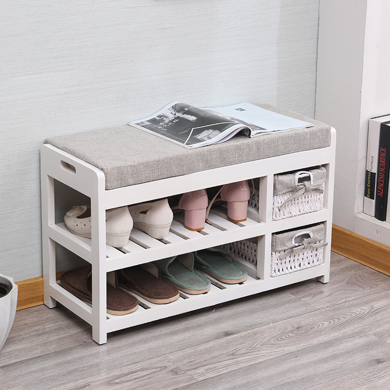 换鞋凳收纳储物实k木沙发凳简约现代鞋架白色布艺家用门口穿鞋凳