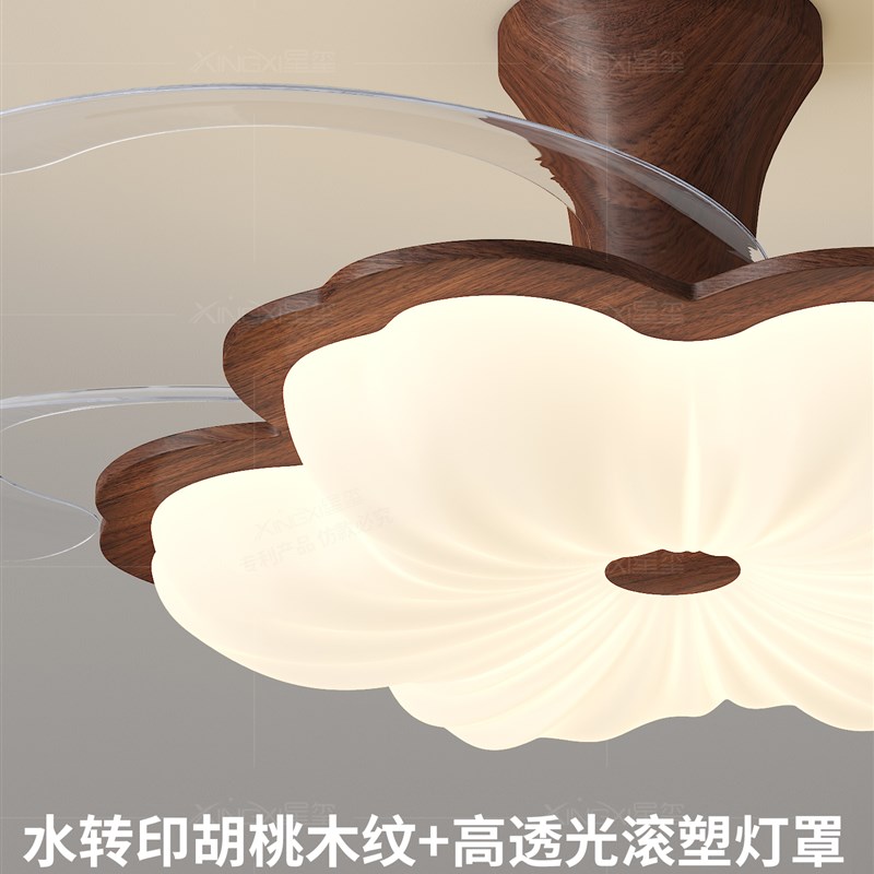 隐形风扇灯中古风新中式花朵卧室灯静音变频N电扇一体灯餐厅吊扇
