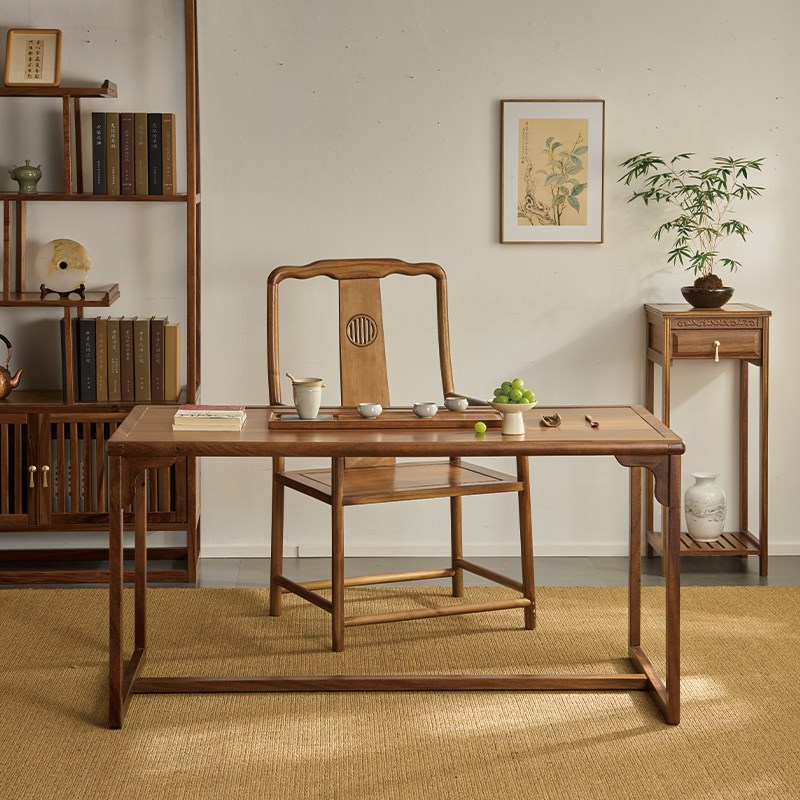 小户型阳台茶f桌椅组合新中式胡桃木实木茶台茶几写字书桌泡茶道
