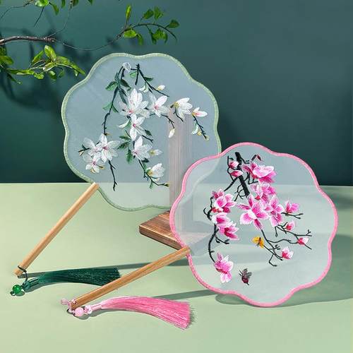 团扇 古典 双面刺绣团扇古风汉服跳舞舞蹈扇子中国风八瓣机绣宫扇