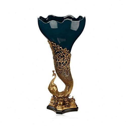 欧式高档陶瓷配铜孔雀创意装饰花插美式别墅客厅壁炉花瓶摆件