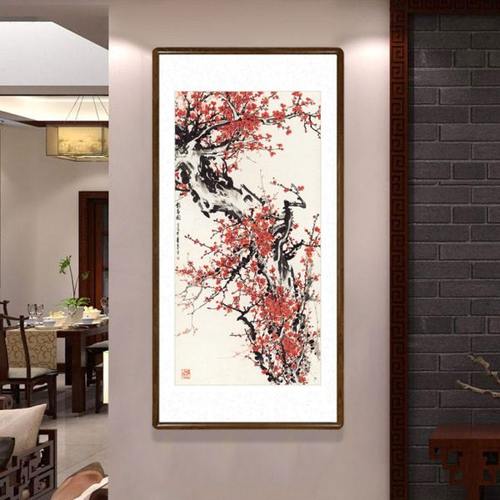 梅花国画有框中式客厅装饰画办公室玄关过道竖版挂画董寿平报春图