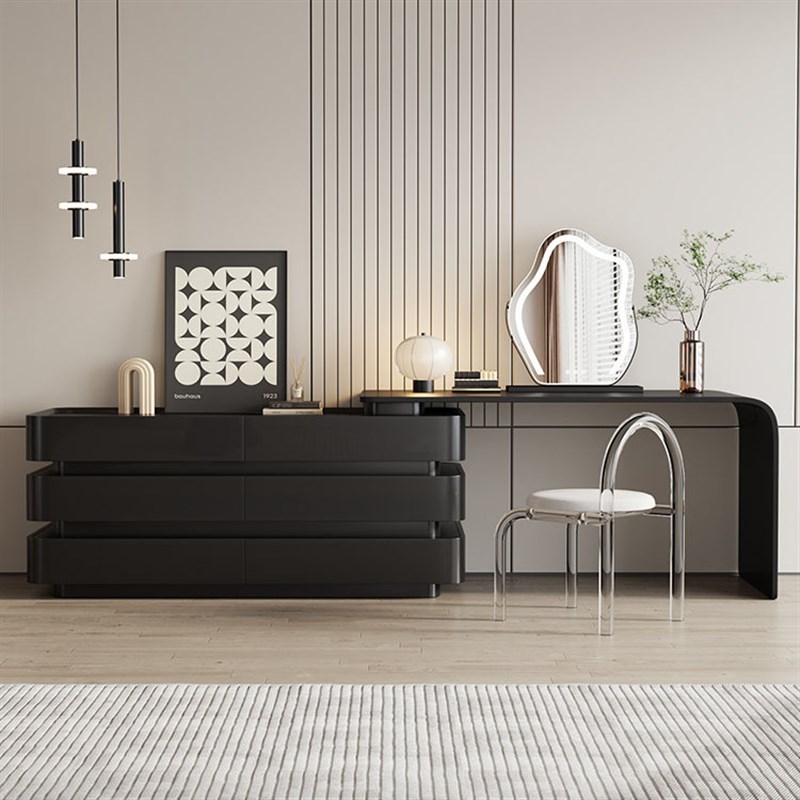 轻奢高级感实木极简梳妆台斗柜一体卧室电视柜化妆U桌组合床尾收