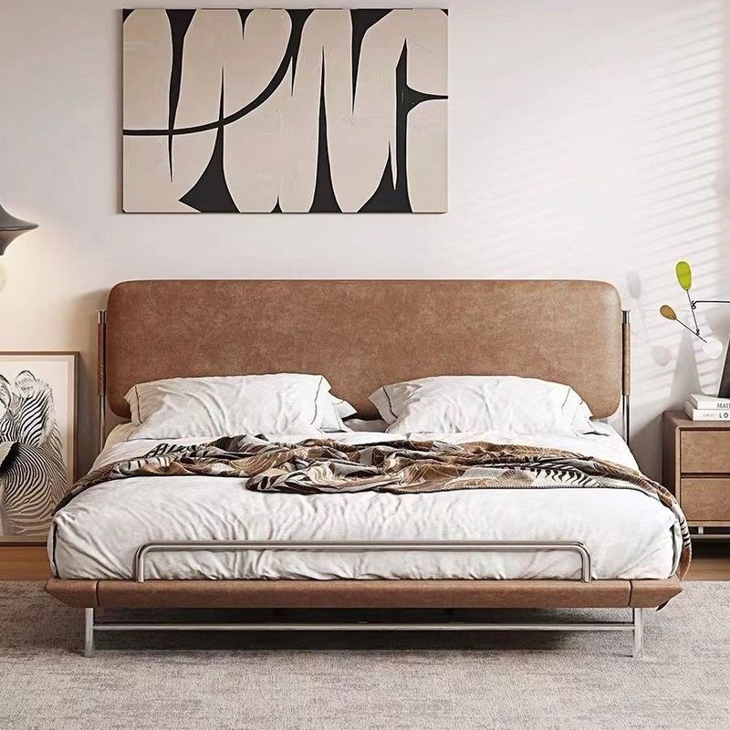 真皮床意式极简小户型齐边双人床现代简O约油蜡皮黑色复古床