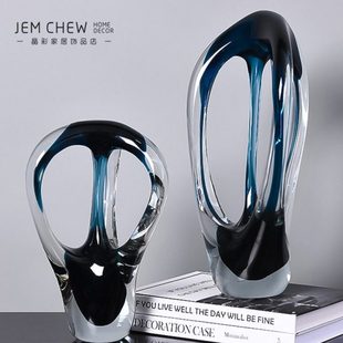饰品 样板间酒店书房装 简约新中式 轻奢透明蓝色玻璃抽象艺术摆件