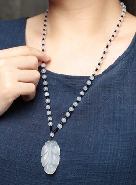 天然冰种白玉髓树叶吊坠玛瑙项链水晶玉坠玉石挂件女款毛衣链饰品