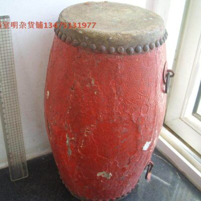 老腰鼓 红漆实木真皮腰鼓 民族乐器腰鼓 怀旧老乐器 实木腰鼓包老
