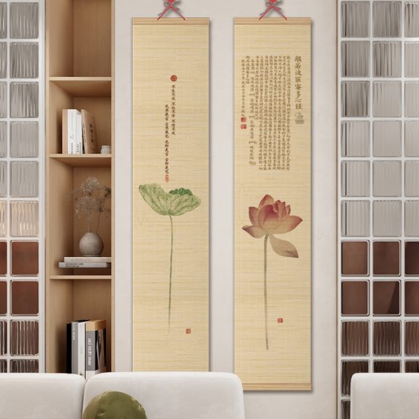 卷轴挂画茶室复古荷花竹背景墙竹帘新中式玄关装饰画装饰禅意客厅图片