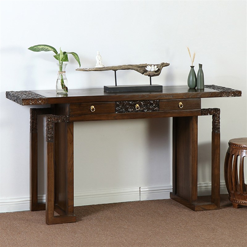 新中式玄关台门厅隔断供桌老榆木装饰H条案实木储物玄关桌胡桃木