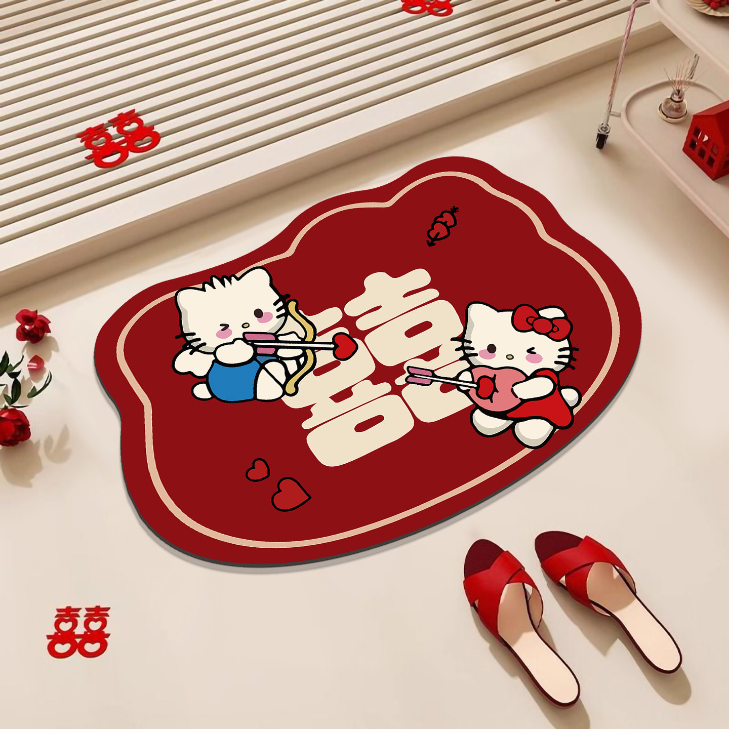 卡通凯蒂猫浴室地垫结婚婚房布置装饰套装防滑脚垫子红色喜庆地毯
