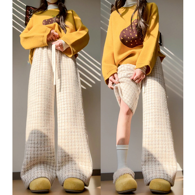 千鸟格子加绒阔腿裤女2025新款冬加厚宽松慵懒垂感软糯针织糯米裤