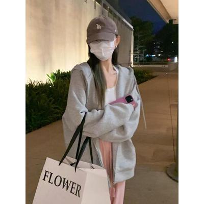 4L240588-早秋外套女秋连帽卫衣女2春02新款爆款灰款色开衫小个子