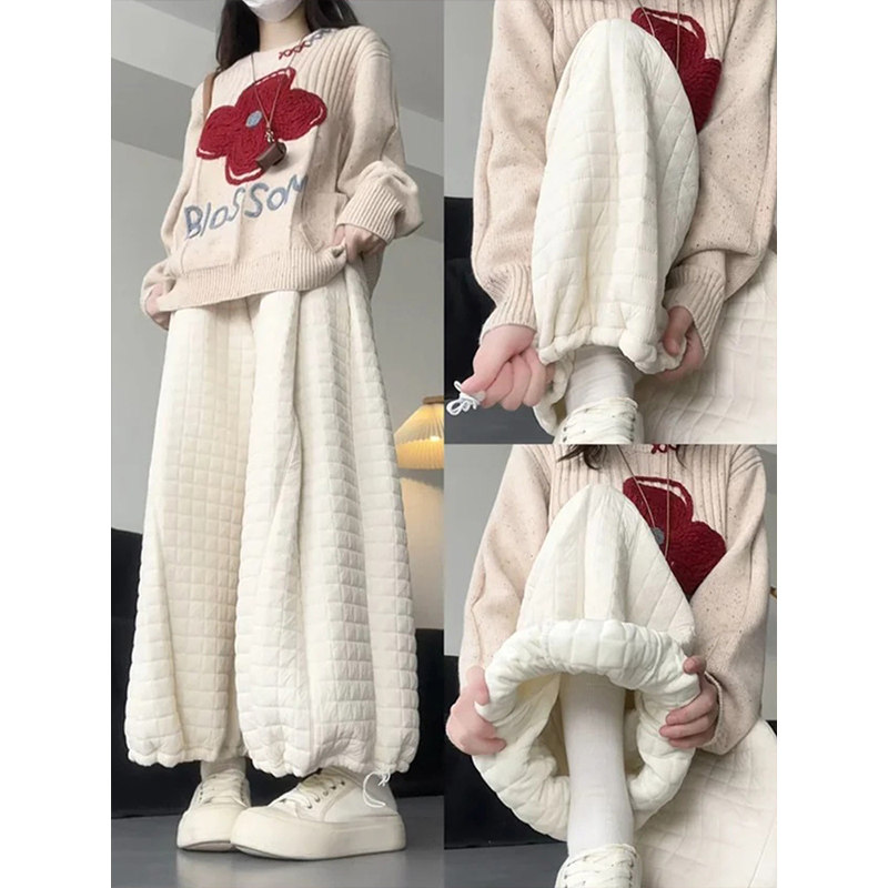 米白夹棉棉裤女冬2026新款高腰小个子加绒加厚东北保暖束脚运动裤