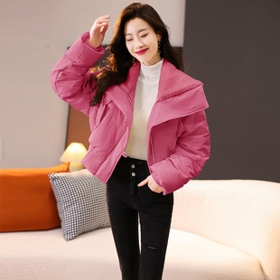 2025年冬季新款翻领短款休闲羽绒棉服女韩版小个子棉衣设计感棉袄