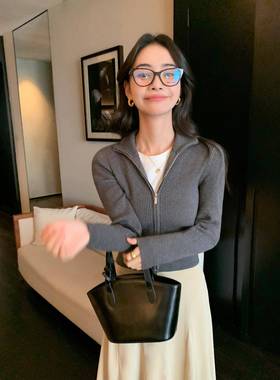 pusuePSMW2181e黑色高d领双拉链针织开衫女秋冬新款修身短款毛m外