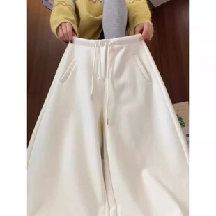 米白色加绒糯米裤女秋冬季新款加厚西装卫裤慵懒垂感阔腿运动裤子