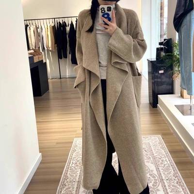 韩系长款浴袍式毛衣LQW女202季4秋新款翻领系带宽松显套瘦外针织